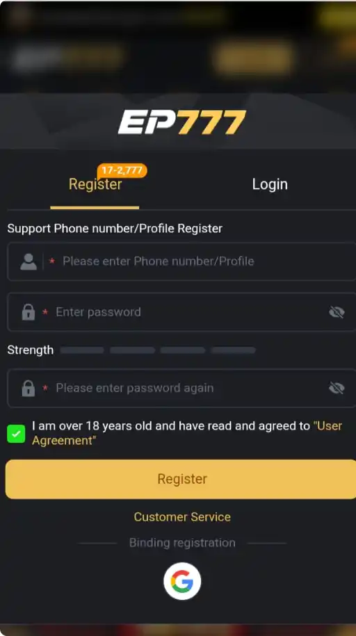 EP777 Game registration page