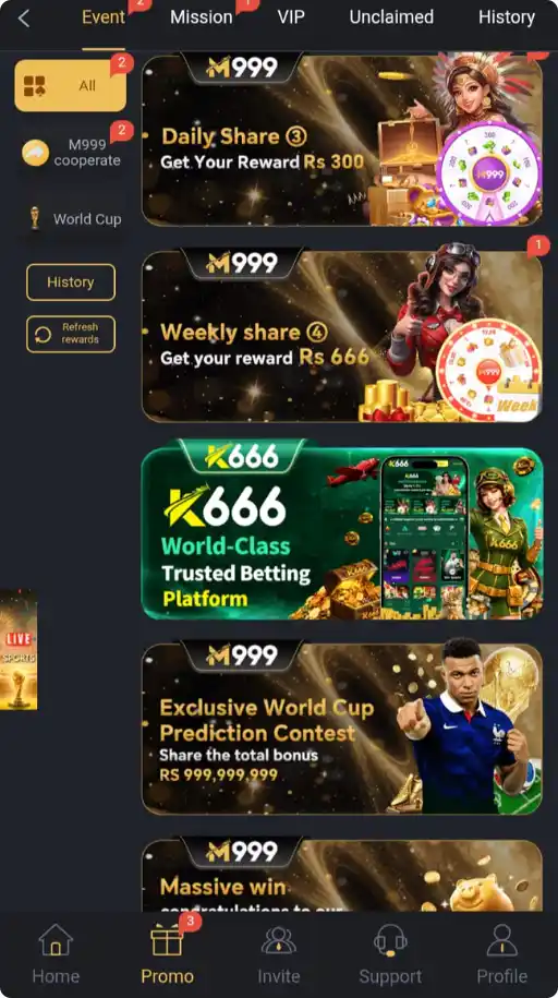 M999 Game bonuses and promotions