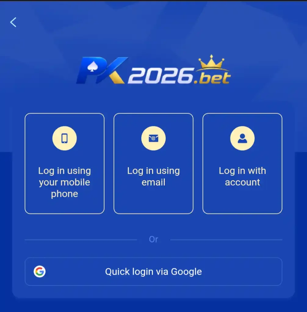 PK2026 Game registration and Login methods screen