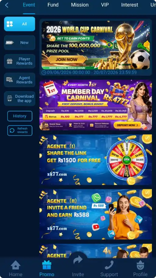 ZK77 Game bonuses and promotions