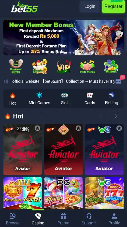 Bet55 Game home screen 