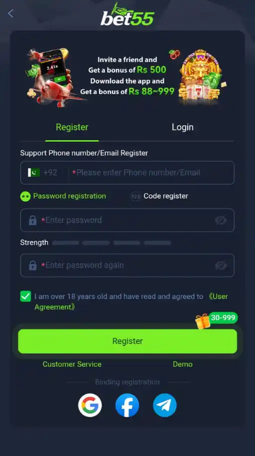 Bet55 Game registration screen