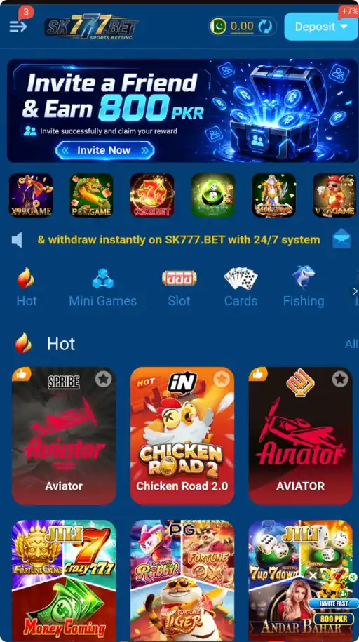 SK777 Game home screen