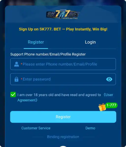 SK777 Game registration page