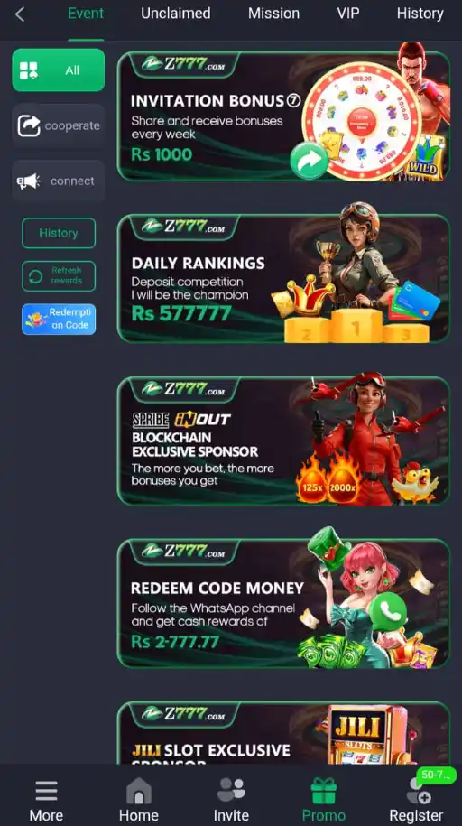Z777 Game bonuses and promotions