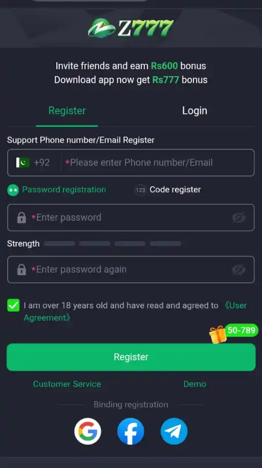 Z777 Game registration