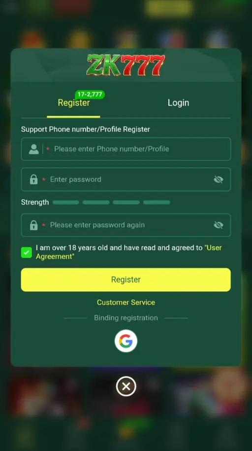 ZK777 Game registration screen